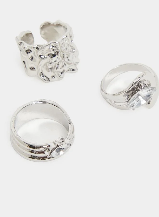 Styli Pack Of 3 - Silver Textured Statement Rings